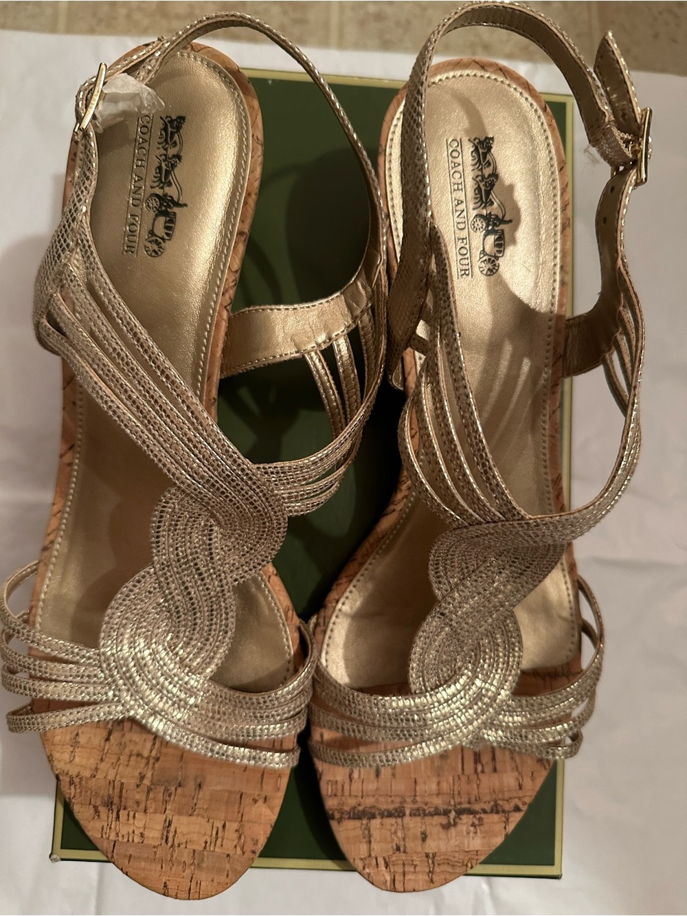 NWT Coach and Four Metallic Gold Cork Wedge Sandals - Size11